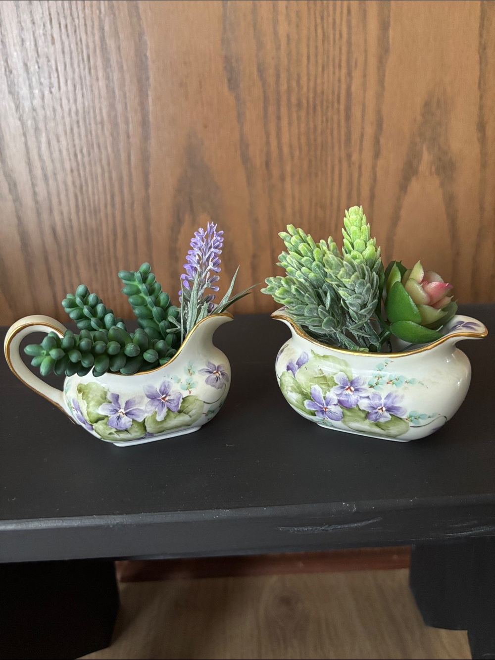 Vintage Sugar and Creamer with Artificial Succulents
